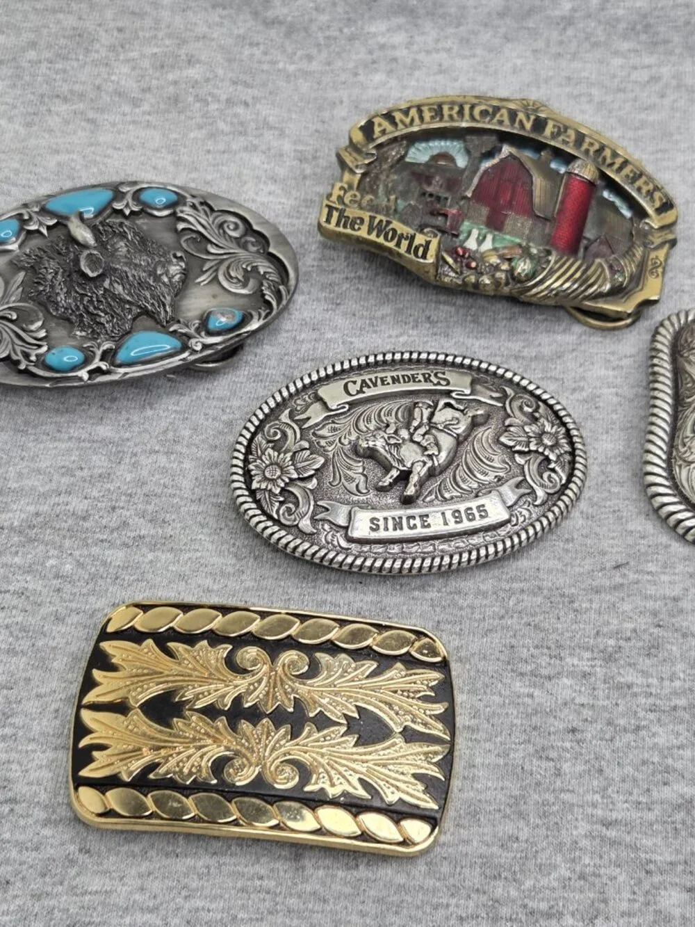 Lot of 5 Farmers Buffalo Turquoise Cavender's Bull Riding Belt Buckles